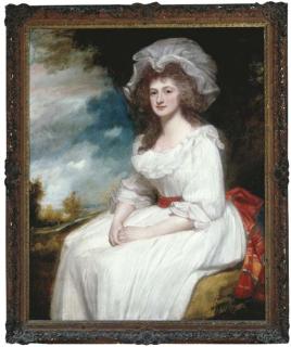 George Romney - Portrait of Mrs. Anne Blackburn, three-quarter length, in a white dress, a landscape beyond