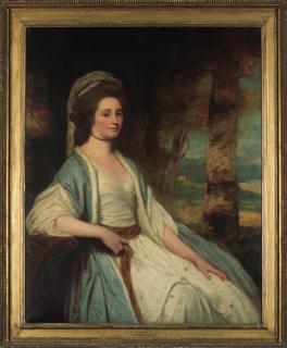 George Romney - Portrait of Mrs Cross (1739-1821) of Clifton, near Bristol, three-quarter-length, seated, in a white dress and blue cloak, in a landscape