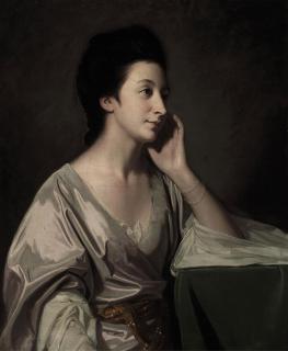 George Romney - Portrait of Mrs John Gathorne, half-length, in a silver gown, her left elbow resting on a table