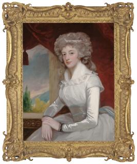 George Romney - Portrait of Mrs William Maguire, seated, half-length, in a white dress and fichu, a landscape beyond