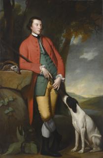 George Romney - Portrait Of Peter Woodhouse (B. 1745), Full-Length, Wearing A Red Coat, With His Black And White Pointer, A Gun And A Brace Of Grey Partridges, A View Of Warton Crag, Lancaster, Beyond