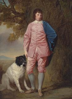 George Romney - Portrait of Richard Newman Harding (1756-1808), full length, in a pink coat and breeches, with a dog in a wooded landscape
