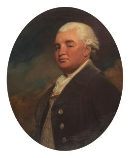 George Romney - Portrait of Thomas Brown, bust-length, in a grey coat, before a landscape