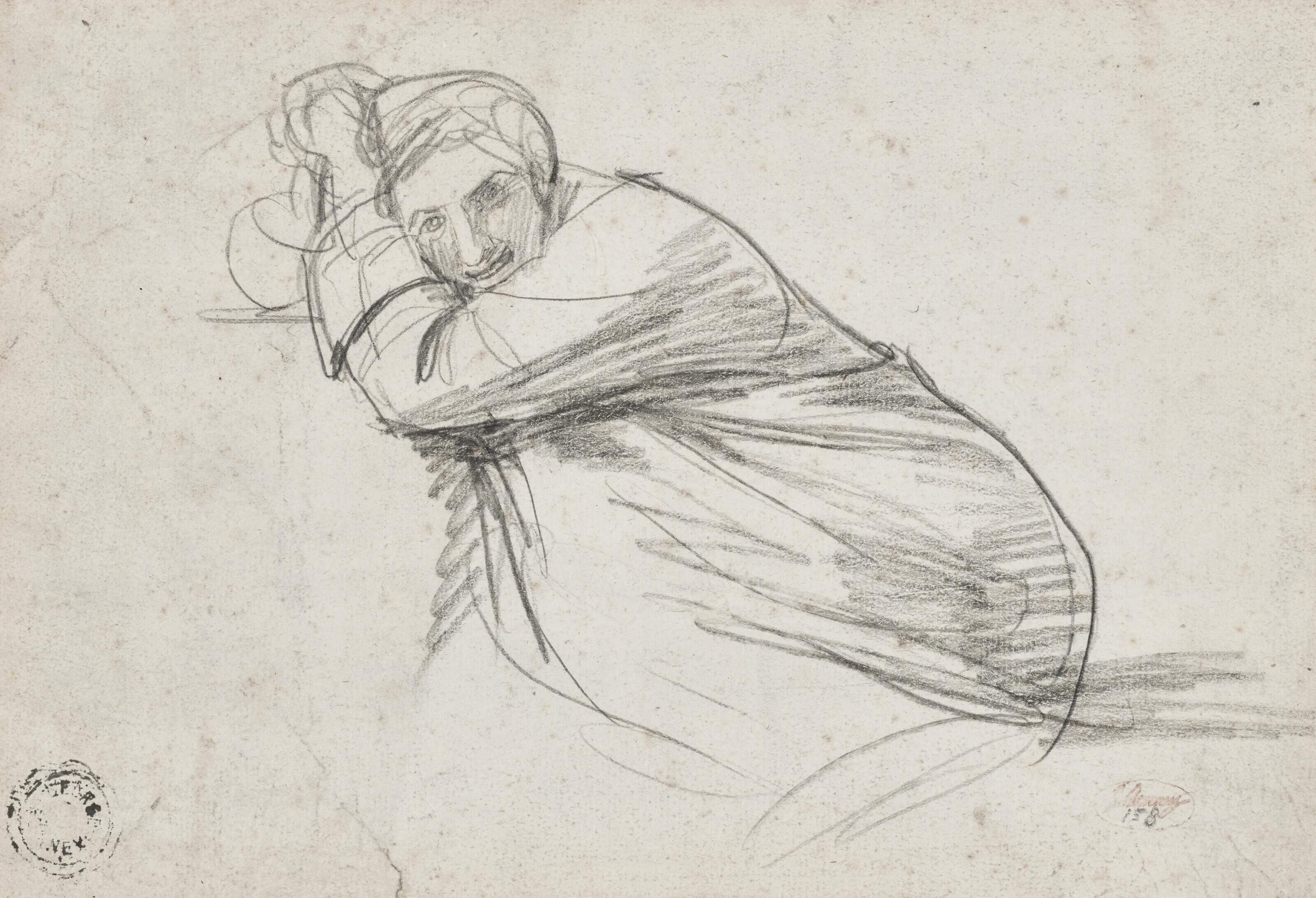 George Romney - Study of a crouching male figure, probably the artist (recto); and Study of a reclining female figure, half-draped (verso)