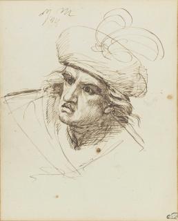 George Romney - Study of a man, bust-length, in a plumed hat, traditionally called Macbeth