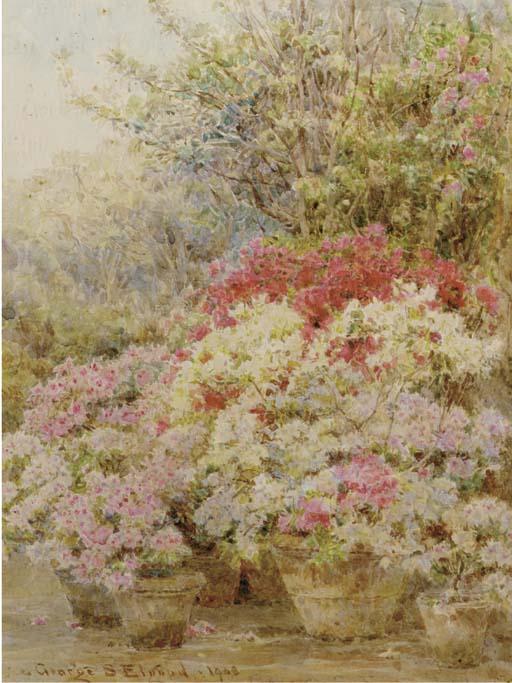 George Samuel Elgood, R.I. - Peonies and Iris; and \'The cottage garden\'