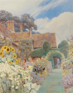 George Samuel Elgood - The Herbaceous Borders And Cut Yew Hedges At Cleeve Priors, Near Evesham, Worcestershire