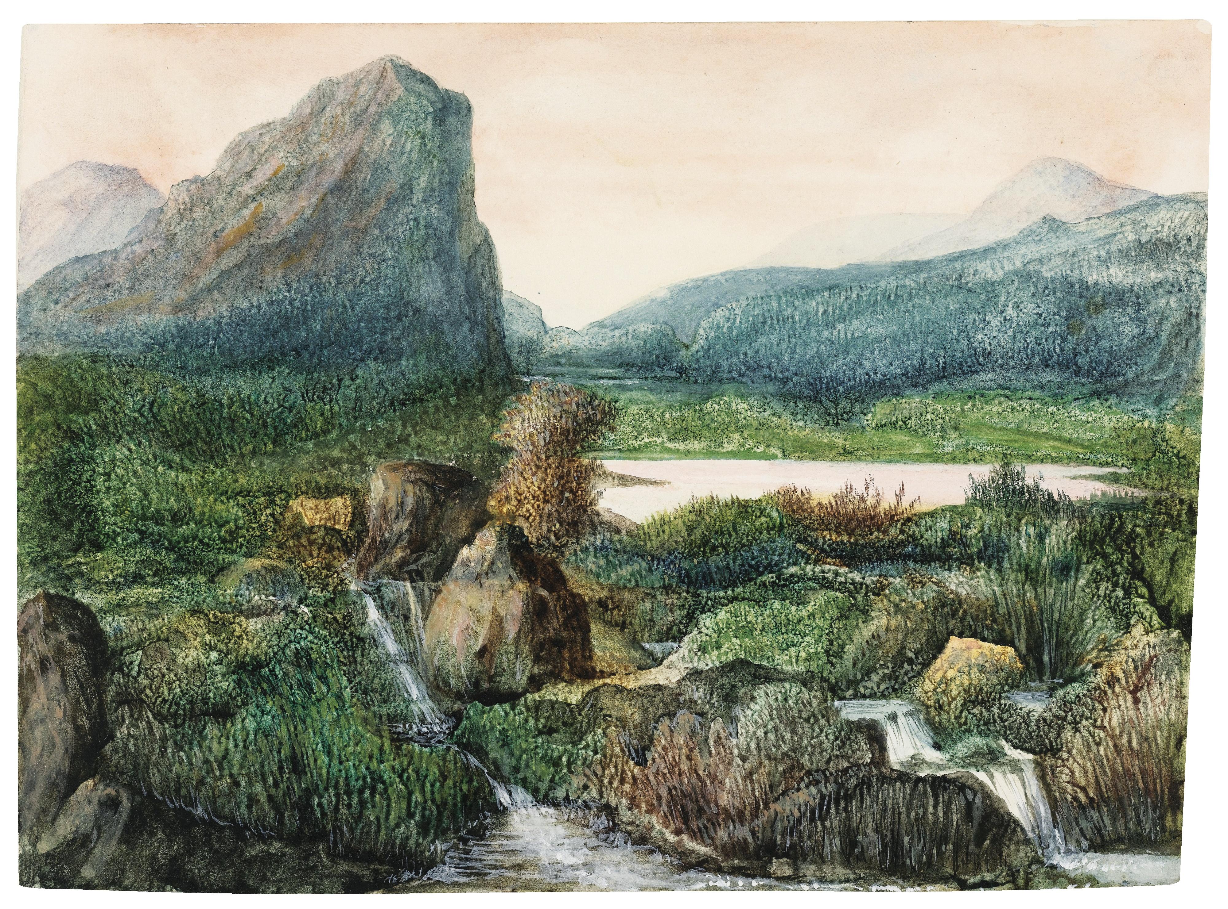 George Sand - Paysage De Montagne, Lac Et  Chutes D\'Eaugeorge Sand ; A Mountainous Landscape With A Lake And Waterfalls ; Dendrite, Watercolour And Gouache Sur Papier