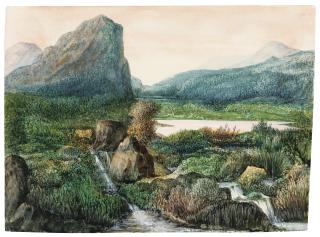 George Sand - Paysage De Montagne, Lac Et  Chutes D\'Eaugeorge Sand ; A Mountainous Landscape With A Lake And Waterfalls ; Dendrite, Watercolour And Gouache Sur Papier