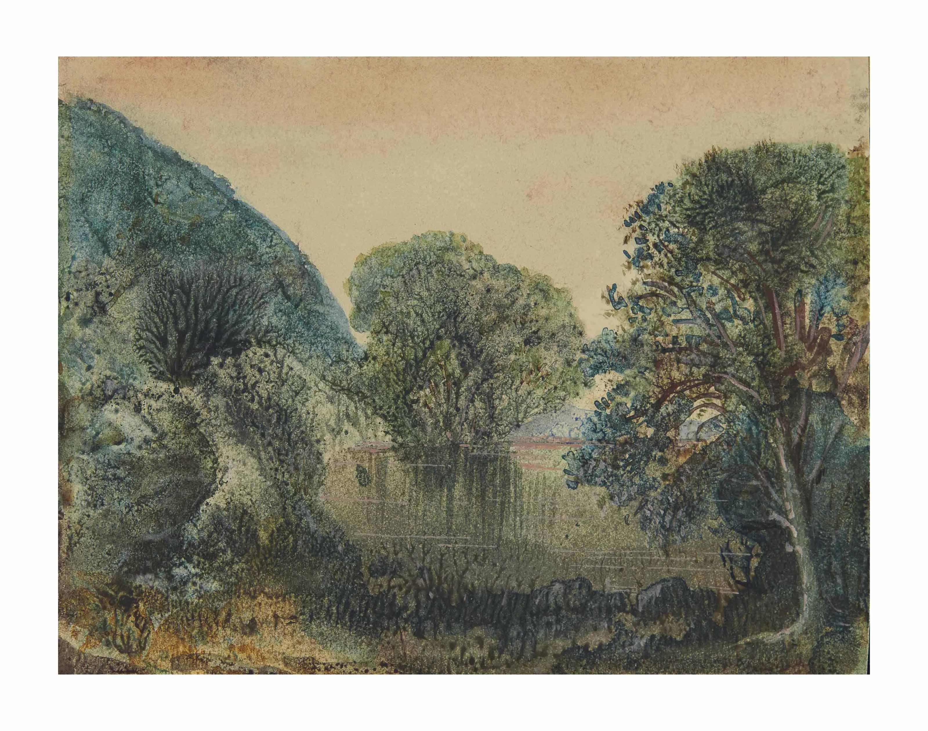 George Sand - Paysage lacustre arboré (recto): Essais de couleurs (verso)