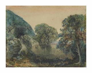 George Sand - Paysage lacustre arboré (recto): Essais de couleurs (verso)