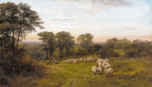 George Shalders - A shepherd and sheep in a wooded glade