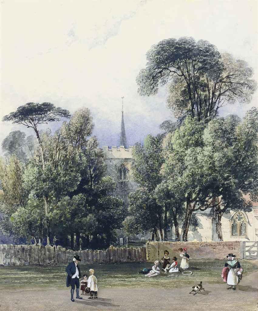 George Shepherd, N.W.S. - Figures and a dog before a parish church