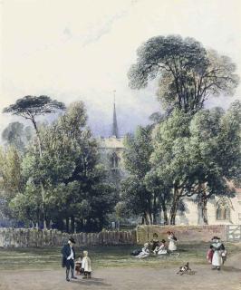 George Shepherd, N.W.S. - Figures and a dog before a parish church