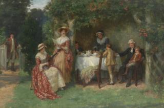 George Sheridan Knowles RI, RBA, ROI, RCA - A music recital during afternoon tea
