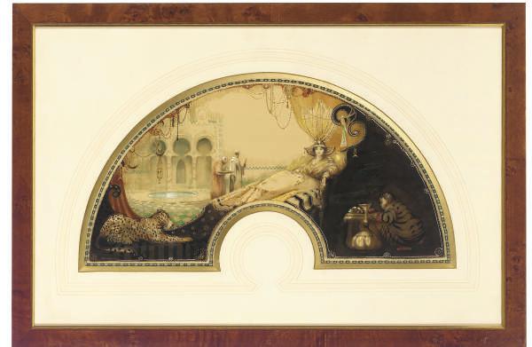 George Sheringham - Design for a fan: A harem beauty attended by a leopard