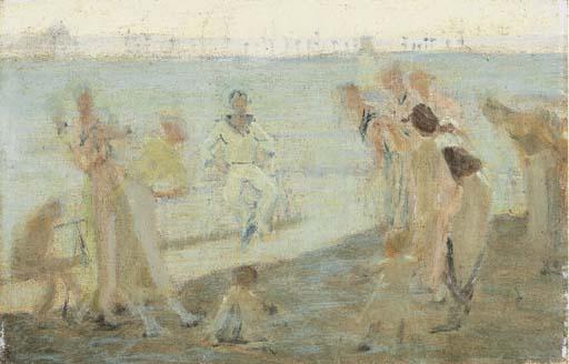 George Sherwood Hunter - Newlyn Lighthouse and St Michael\'s Mount beyond, study for Everybody loves a Sailor