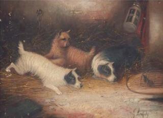 George Smith Armfield - Trois Fox-Terriers Jouant Avec Une Souris Dans Une Cage