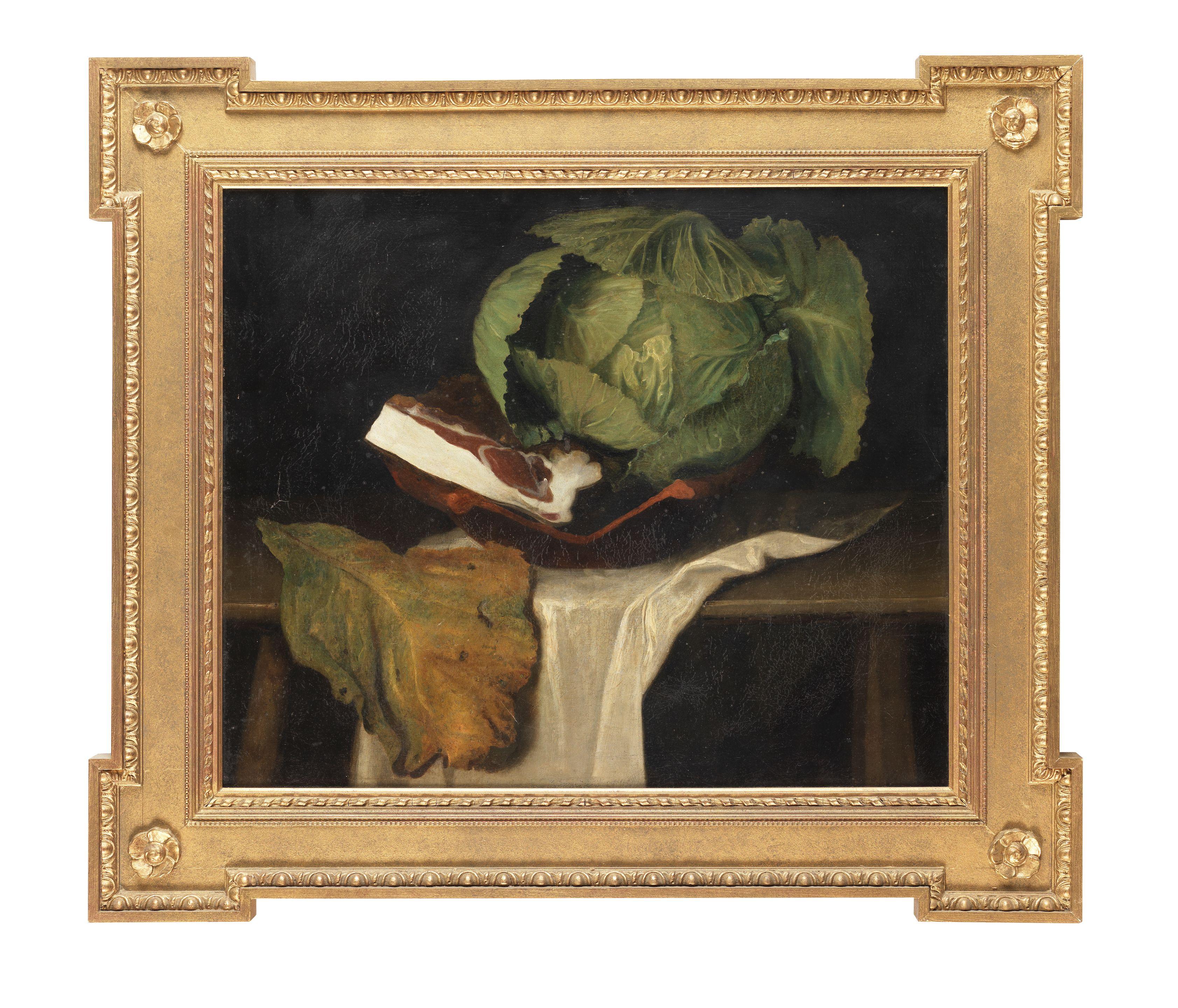 George Smith Of Chichester - A Cabbage With A Ham On A Draped Table