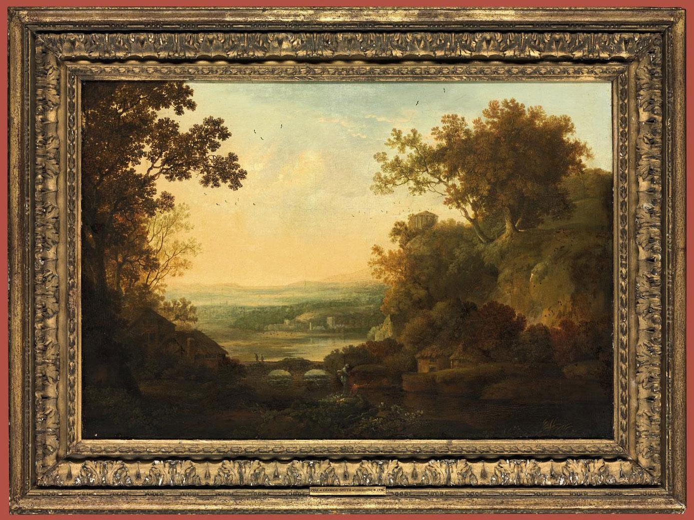 George Smith of Chichester - A capriccio river landscape with figures fishing, the Temple of Vesta on a hill beyond