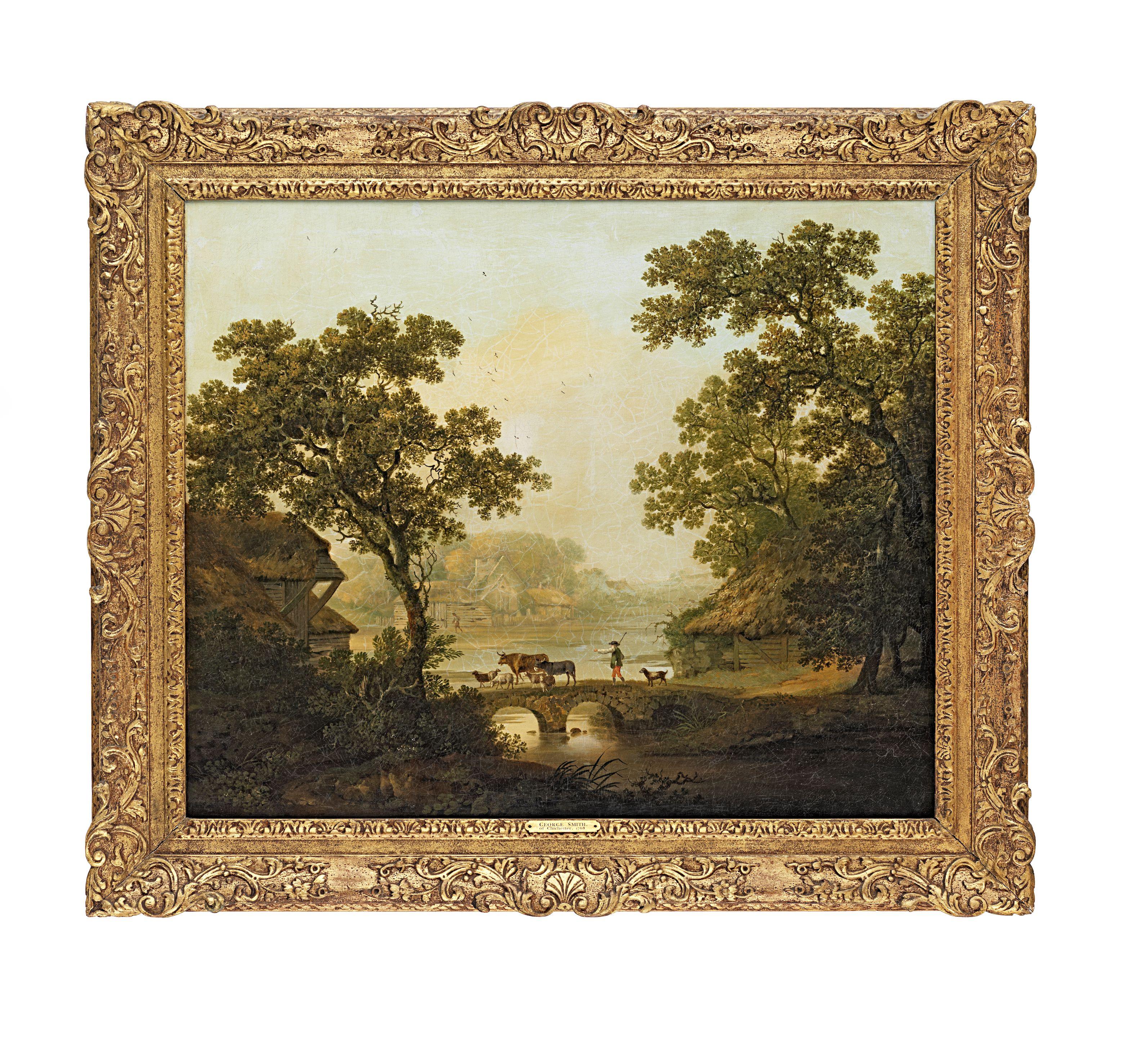 George Smith Of Chichester - A Drover And His Herd Crossing A Bridge