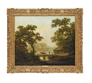 George Smith Of Chichester - A Drover And His Herd Crossing A Bridge