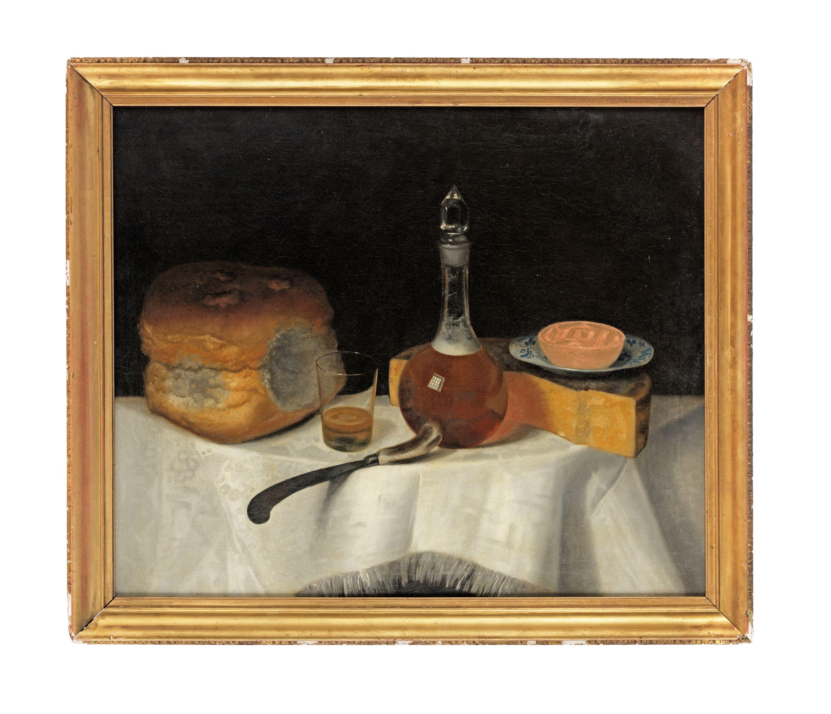 George Smith Of Chichester - A loaf of bread with cheese, wine, butter and knife on a draped table