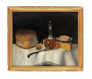 George Smith Of Chichester - A loaf of bread with cheese, wine, butter and knife on a draped table