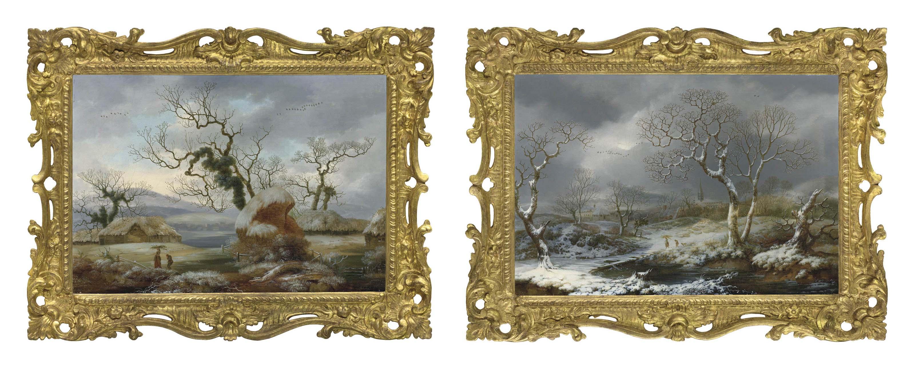 George Smith of Chichester - A winter landscape with a haystack, cottages and figures, a river beyond; and A winter landscape with two figures crossing a wooden bridge, a village and a church beyond