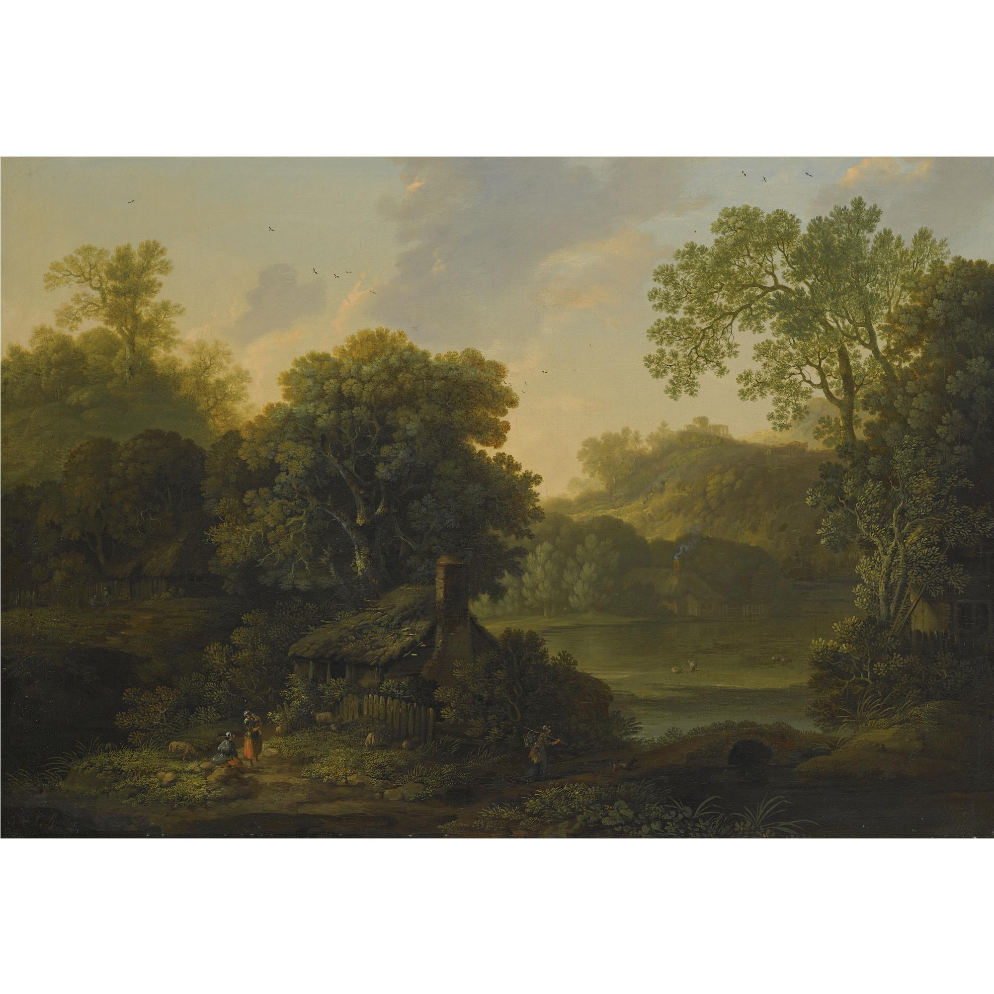 George Smith Of Chichester - A Wooded Landscape With A Cottage And Figures By A Path