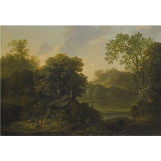 George Smith Of Chichester - A Wooded Landscape With A Cottage And Figures By A Path
