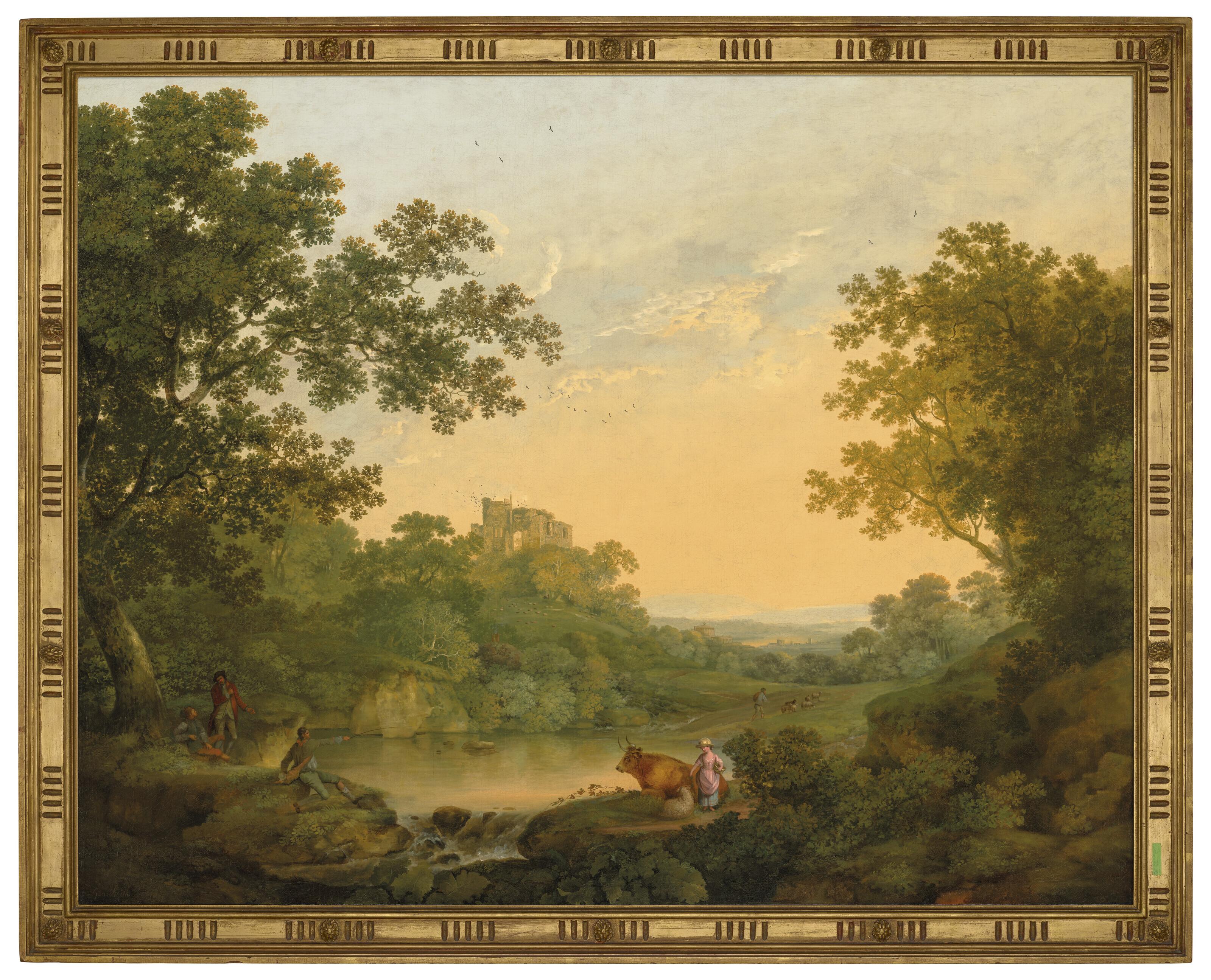 George Smith Of Chichester - A wooded landscape with fishermen and shepherds by a pond, a ruined castle beyond
