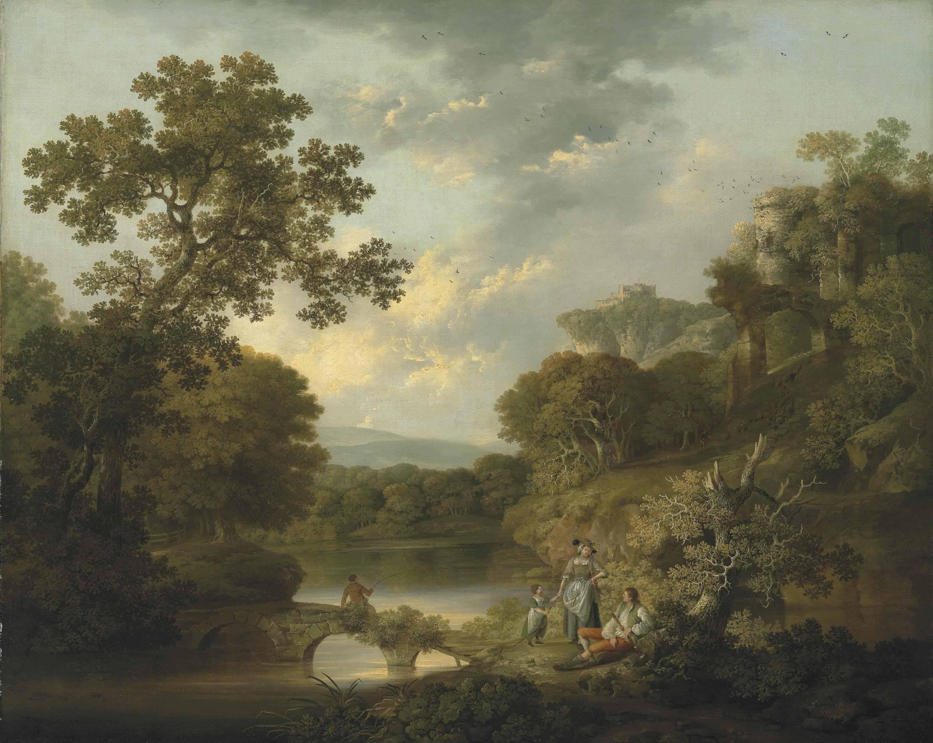 George Smith of Chichester - A Wooded River Landscape With An Angler On A Bridge And Figures Resting On The Bank, Ruins On The Hills Beyond