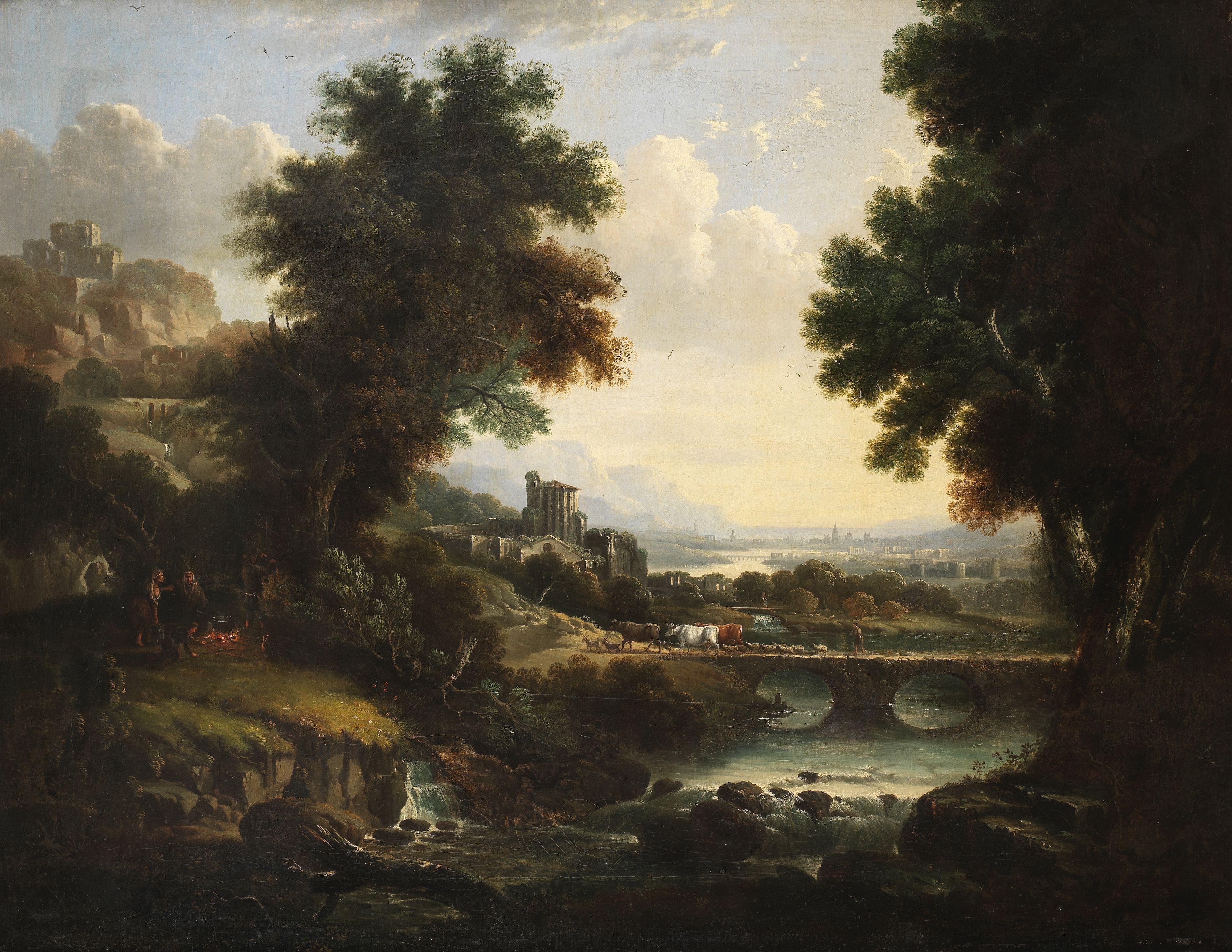 George Smith Of Chichester - An Italianate landscape with figures by a campfire