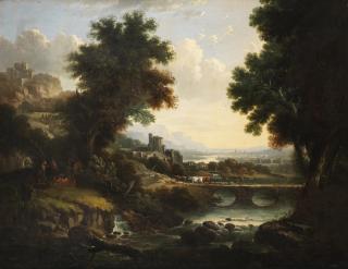 George Smith Of Chichester - An Italianate landscape with figures by a campfire