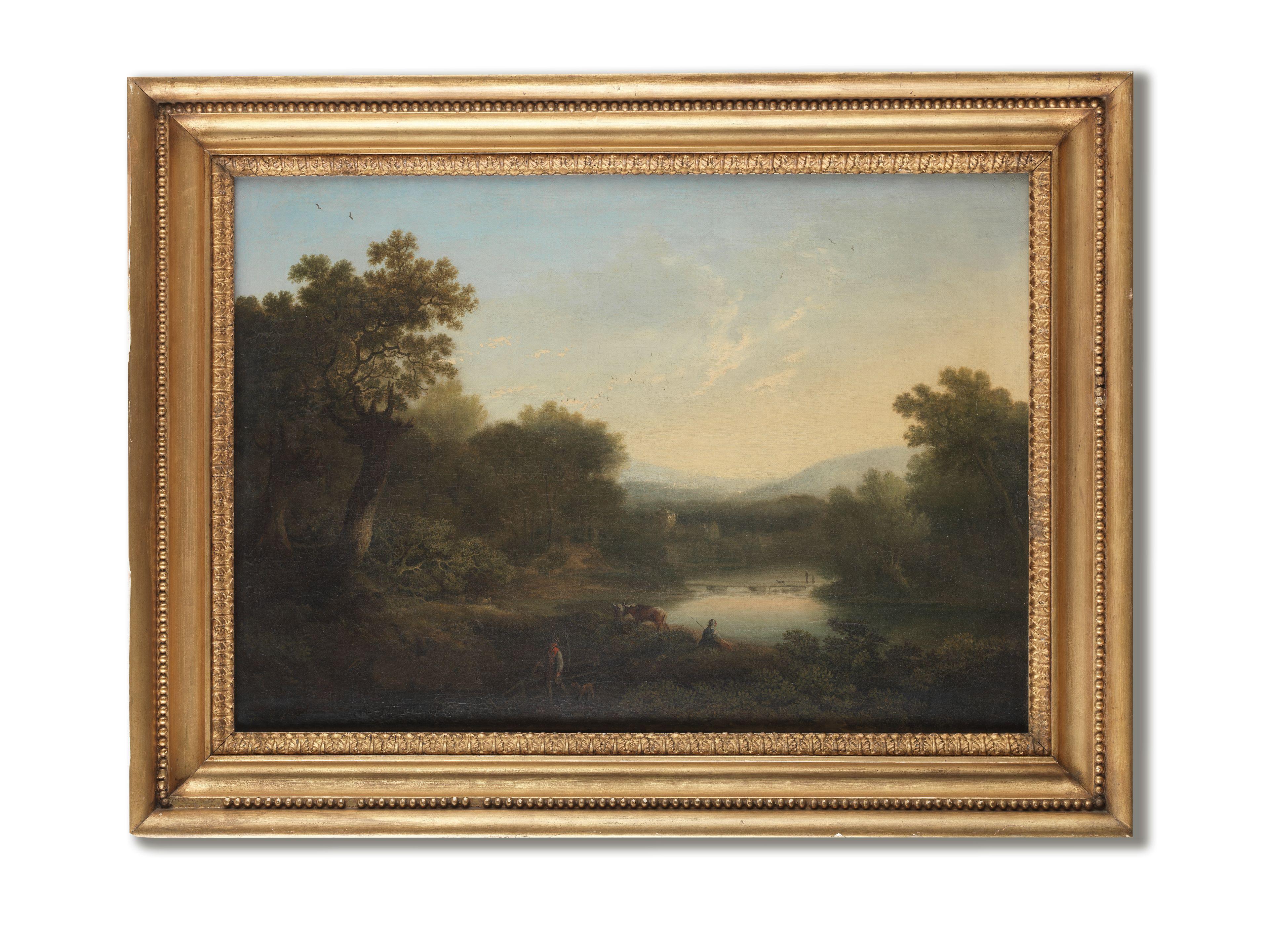 George Smith Of Chichester - An Italianate River Landscape With A Figure Fishing