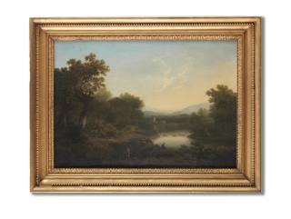 George Smith Of Chichester - An Italianate River Landscape With A Figure Fishing