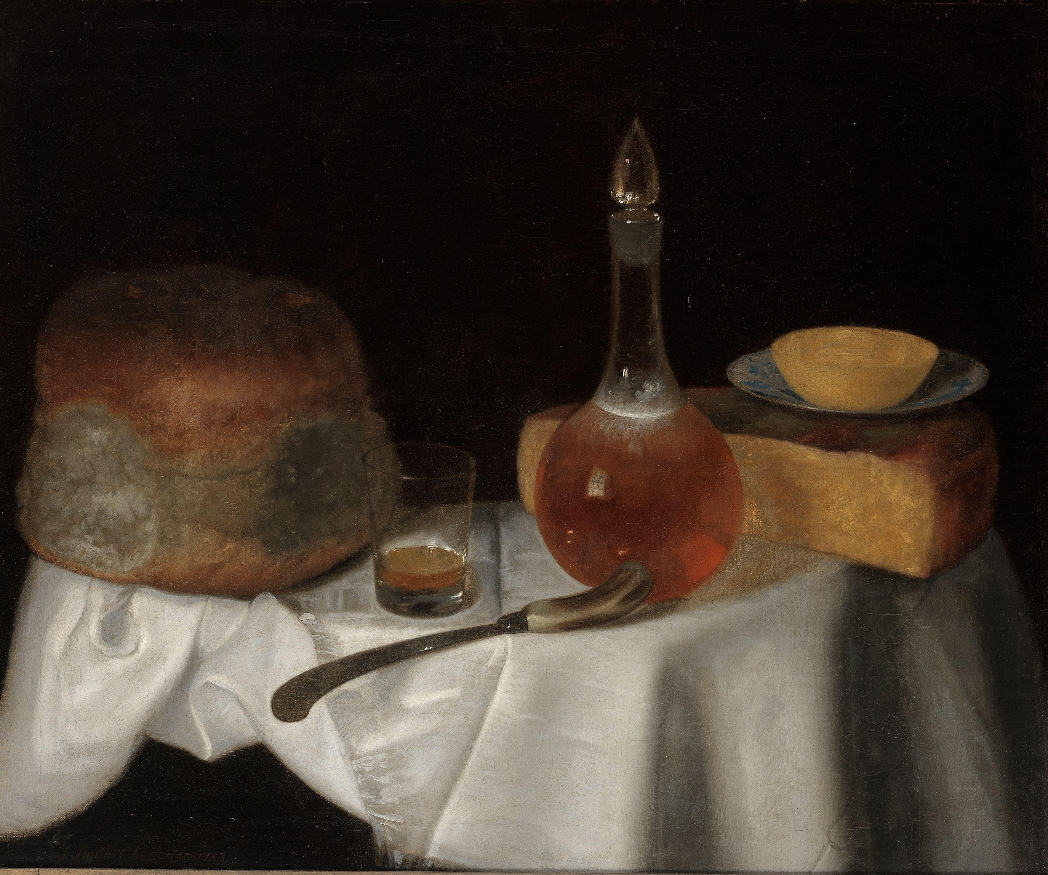 George Smith Of Chichester - Cheese, Bread, A Glass Of Beer And A Decanter Of Wine On A Draped Table