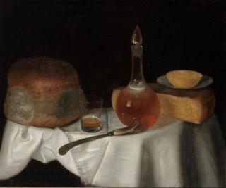 George Smith Of Chichester - Cheese, Bread, A Glass Of Beer And A Decanter Of Wine On A Draped Table