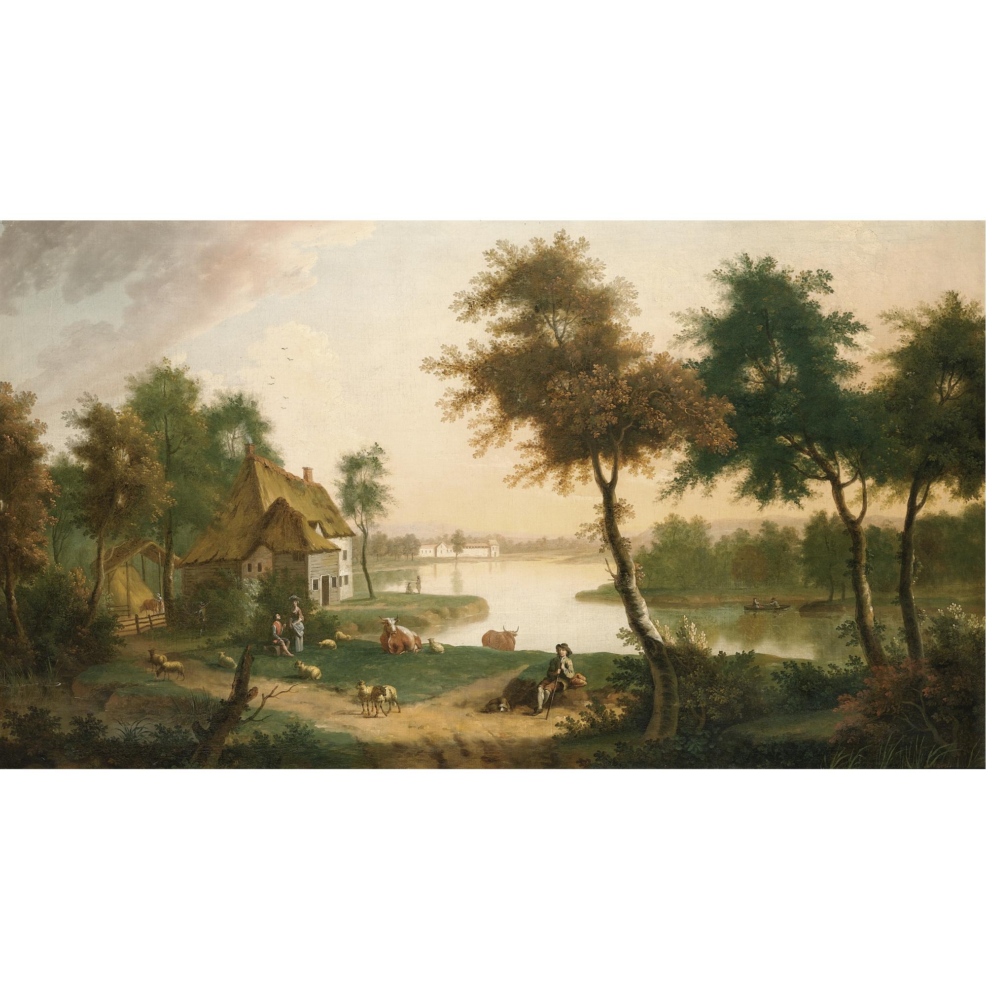 George Smith of Chichester - Extensive River Landscape With A Herdsman And Other Figures In The Foreground