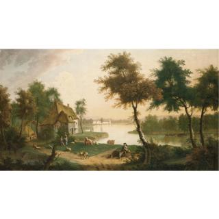 George Smith of Chichester - Extensive River Landscape With A Herdsman And Other Figures In The Foreground
