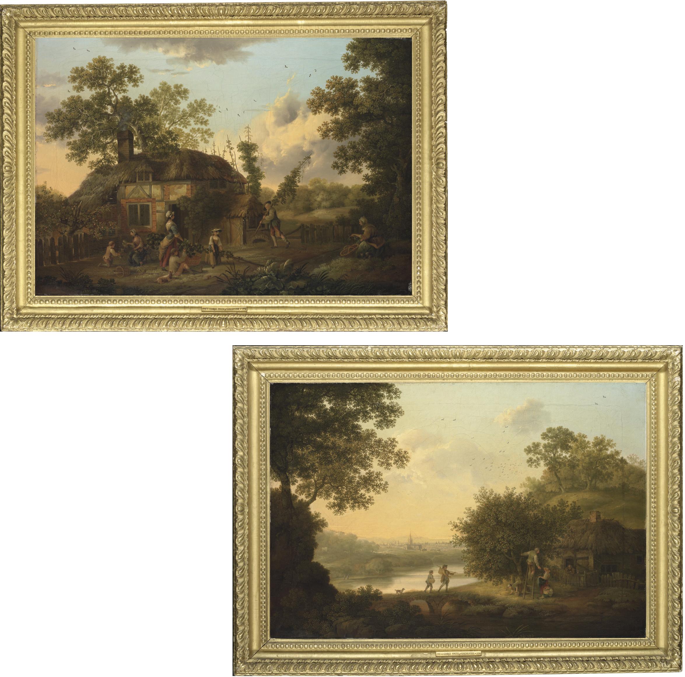 George Smith of Chichester - Hop Pickers, in a cottage yard; and Apple Pickers, by a stream, the Cathedral and City of Chichester beyond