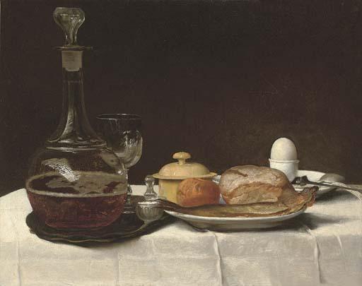 George Smith of Chichester - Still life with bread, a kipper, an egg and a decanter of ale on a table with a white linen table-cloth