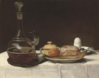 George Smith of Chichester - Still life with bread, a kipper, an egg and a decanter of ale on a table with a white linen table-cloth