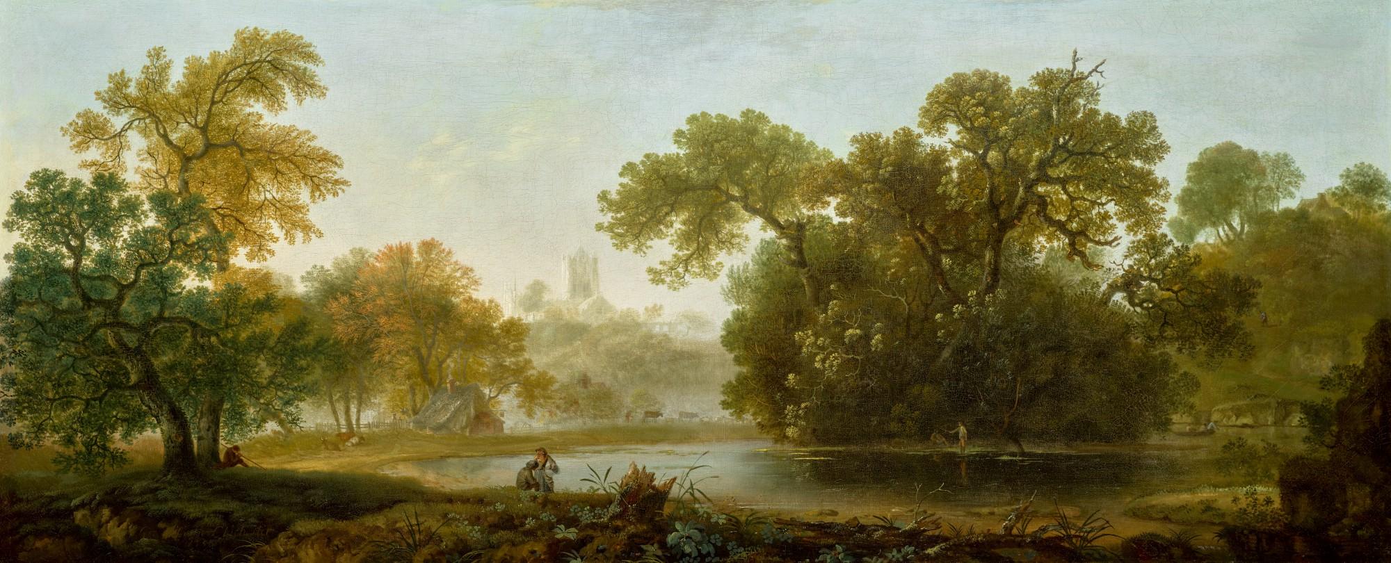 George Smith Of Chichester - Wooded River Landscape, With A Cathedral Beyond