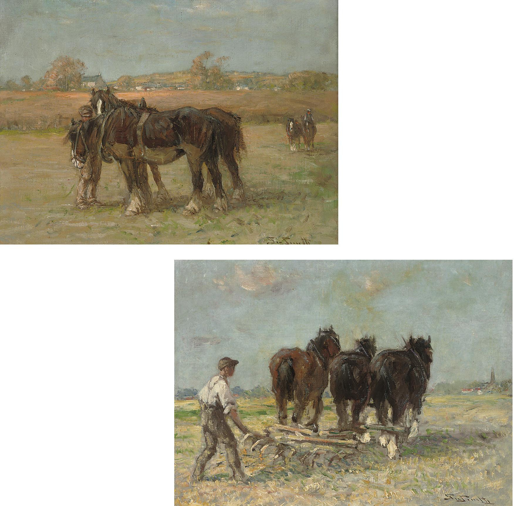 George Smith, R.S.A. - Ploughing The Fields; And Shire Horses In A Field