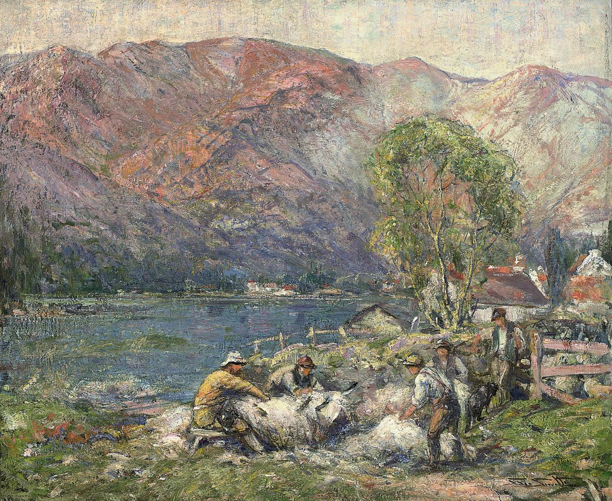 George Smith, R.S.A. - Sheep shearing in the Strath