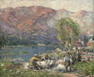 George Smith, R.S.A. - Sheep shearing in the Strath