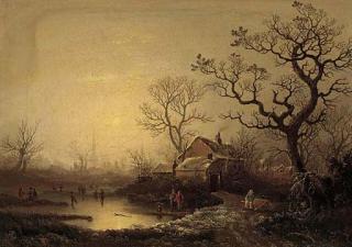 George Smith - Figures skating in a Winter landscape