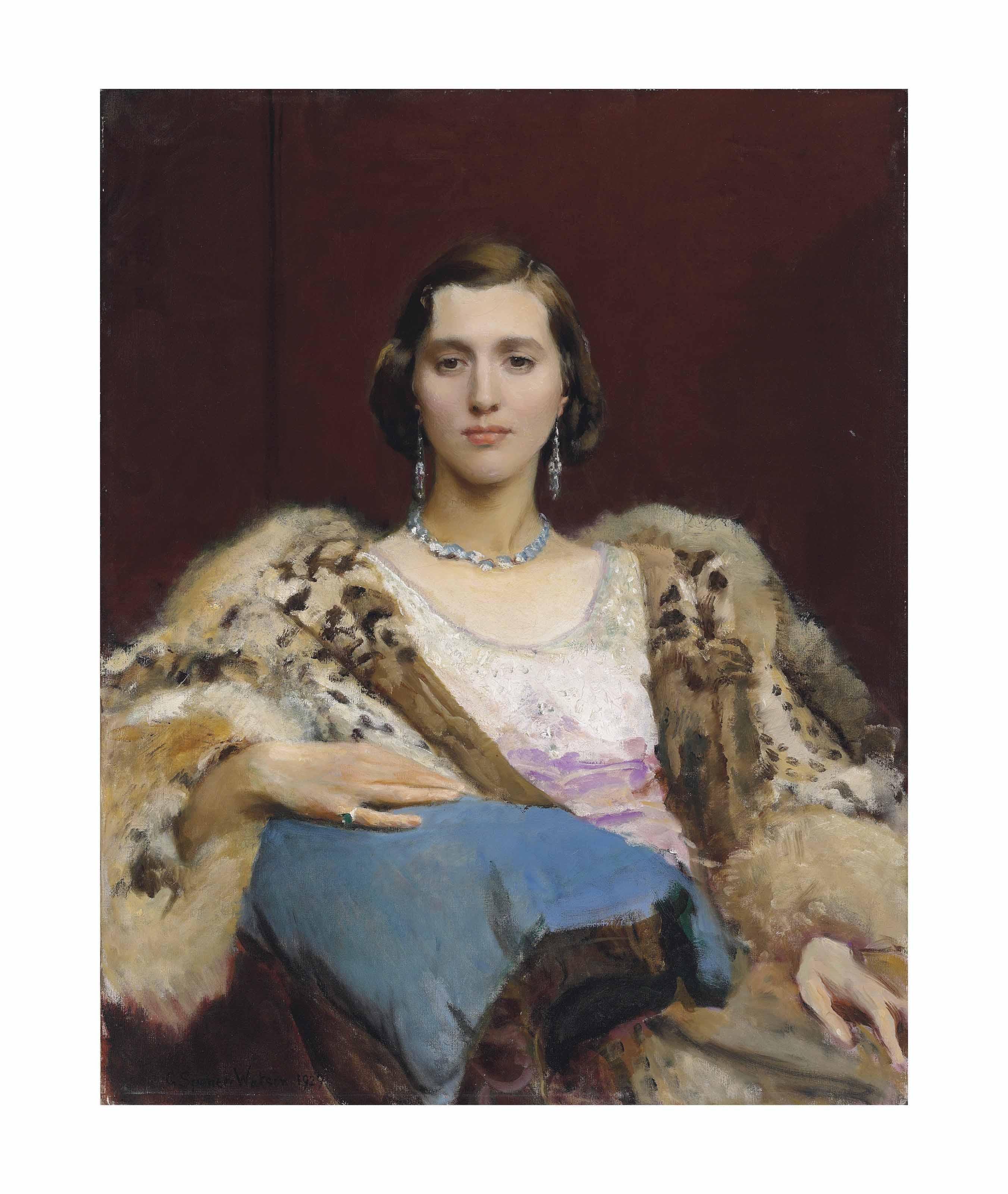 George Spencer Watson, R.A., R.S.P.P., R.O.I. - Portrait of Miss Dewitt wearing a leopard stole